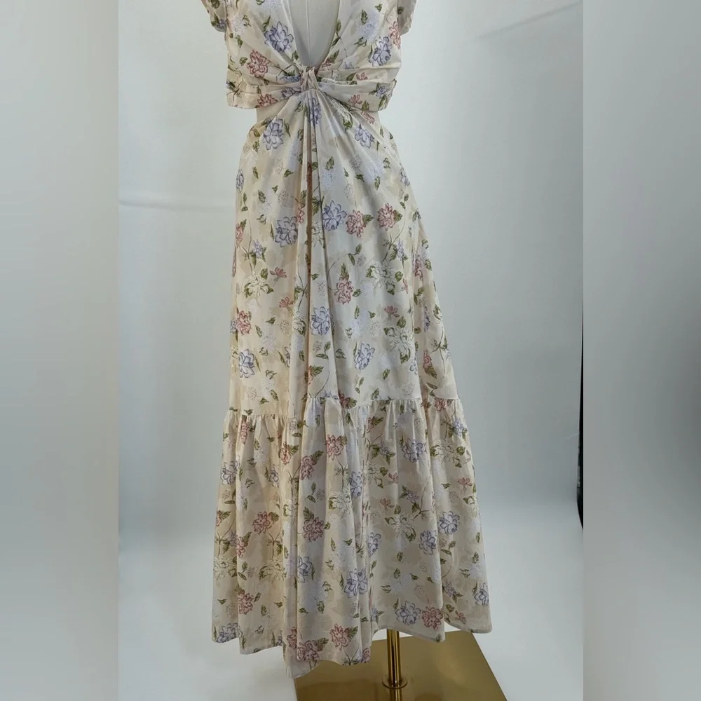 Sofía The Label Floral Cut-Out Maxi Cream Pastel Print Deep V Boho Summer Dress - Picture 8 of 16